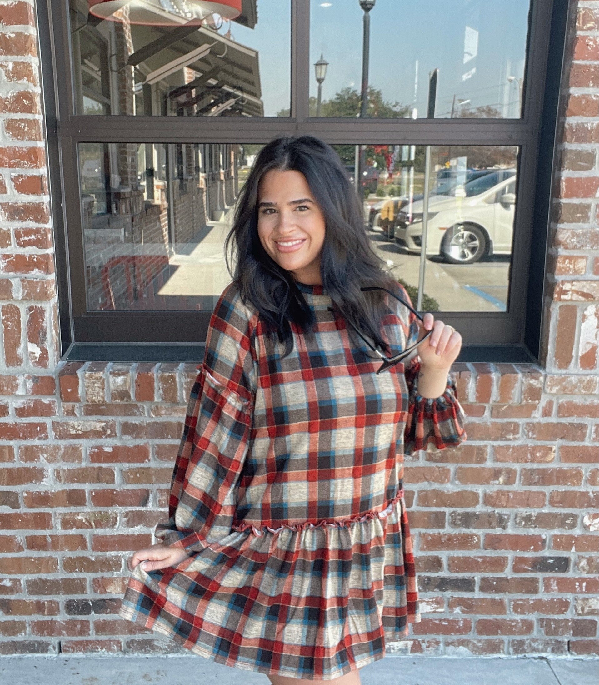 Long Sleeve Plaid Ruffle Bottom Dress