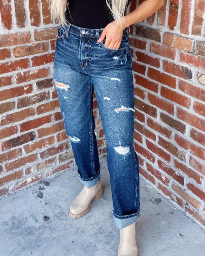 High Rise Straight Distressed Jeans