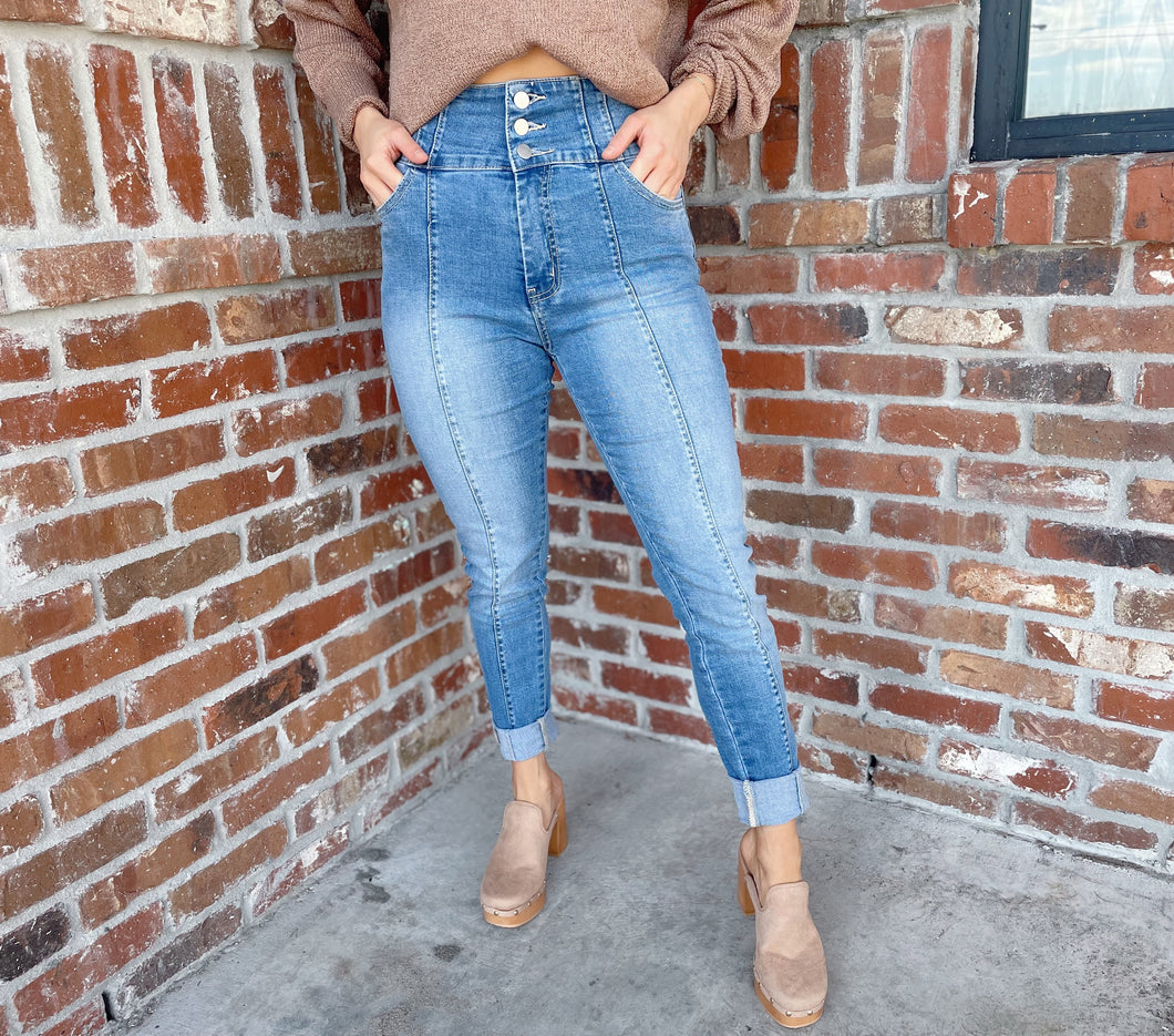 Triple Button Super High Rise Skinny Jeans
